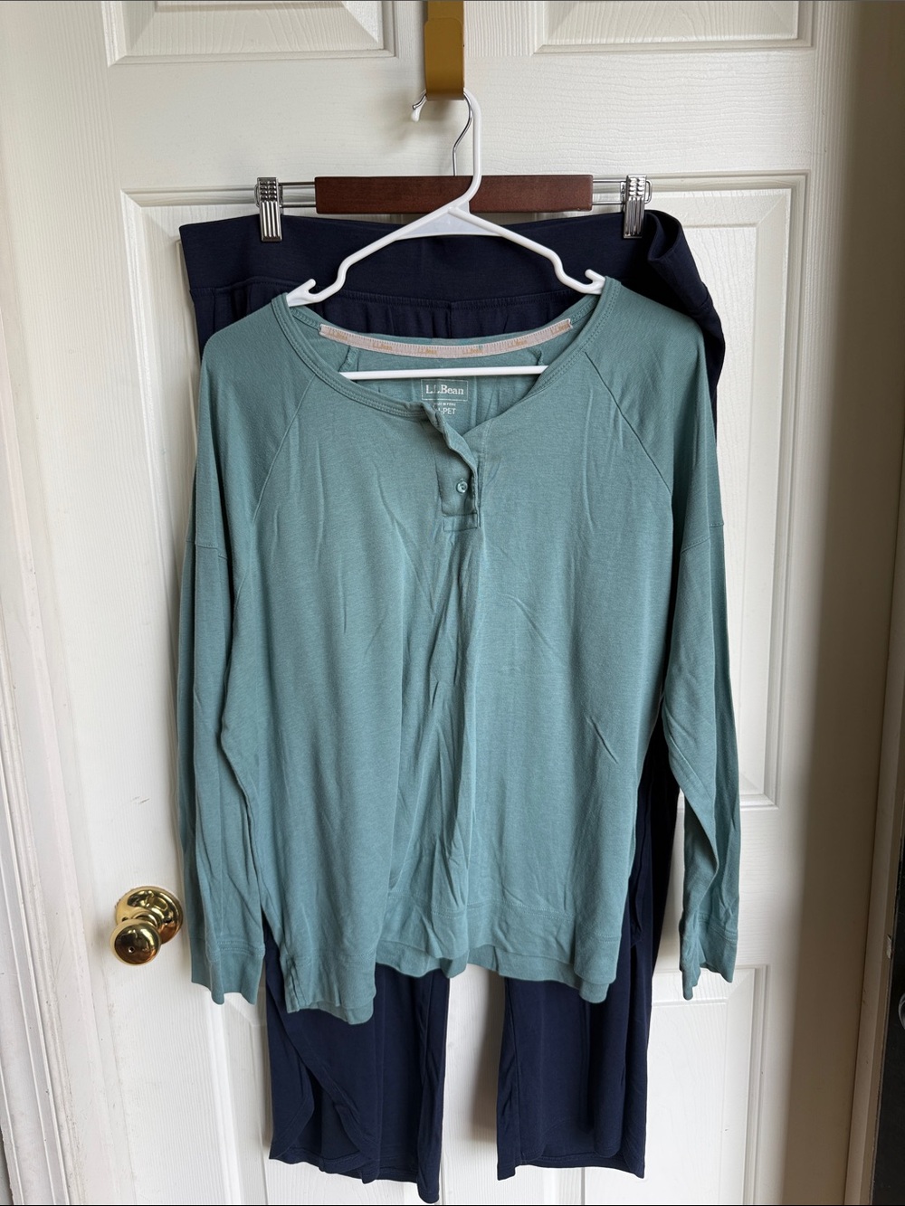 L.L. Bean Women's Sage Green & Navy Henley Crewneck and Cropped PJ Pant